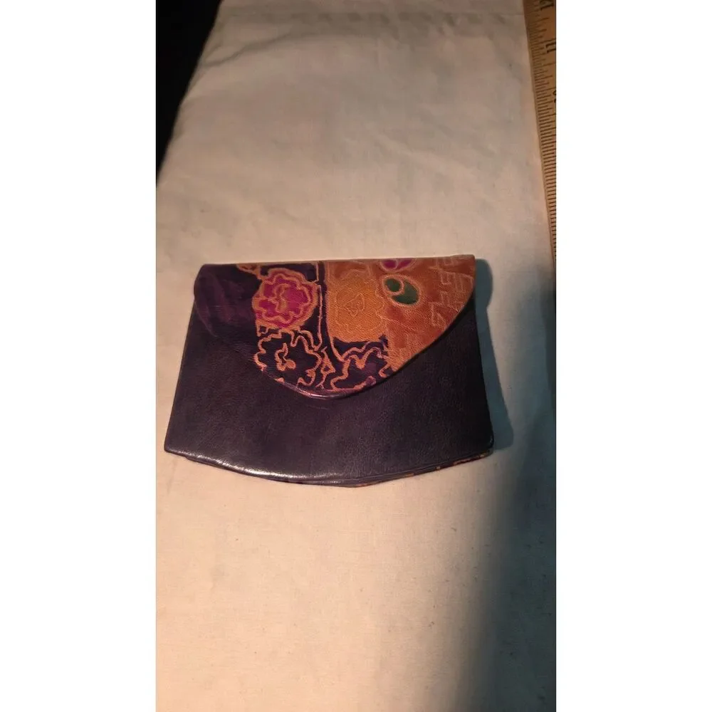 Vintage Shantiniketan leather coin purse Hand Painted Floral Boho Wallet India